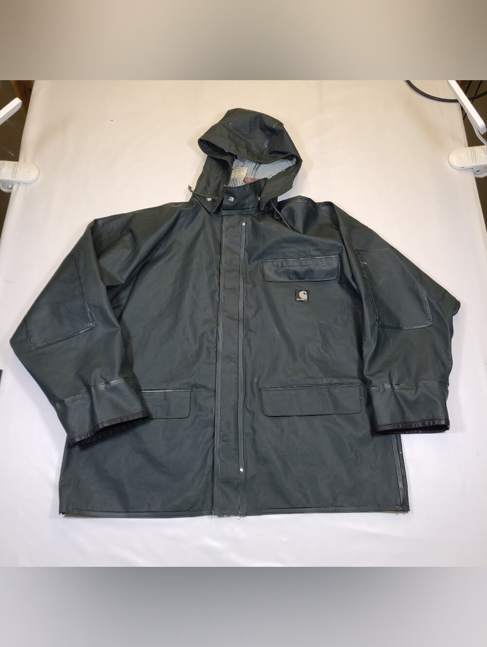 E1 Carhartt Jacket Mens Large Green PVC Hooded Waterproof Rain Coat